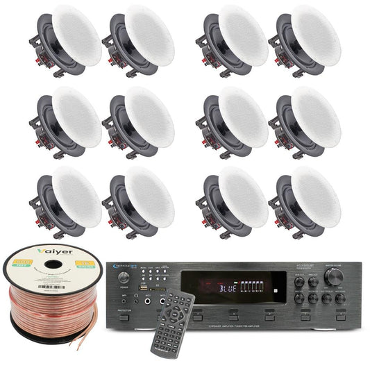 Vaiyer Home Theater System Kit, 6-Channel 6000 Watts Bluetooth Amplifier with 5.25" 12 Qty of 175 W Each in-Wall in-Ceiling Frameless Speakers & 16 Gauge 500 ft Speaker Wire Surround Sound System