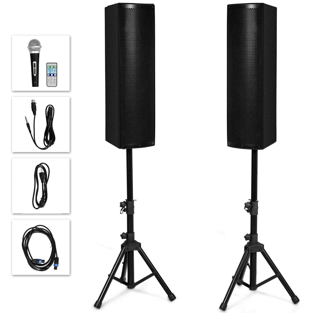 GOFLAME All-in-one Bluetooth Loud Speaker Set of 2, 2000W Active 3-Way 6.5'' PA System Speaker with Height Adjustable Stand, USB/SD Card Readers, FM Radio, Suitable for Indoor and Outdoor Use