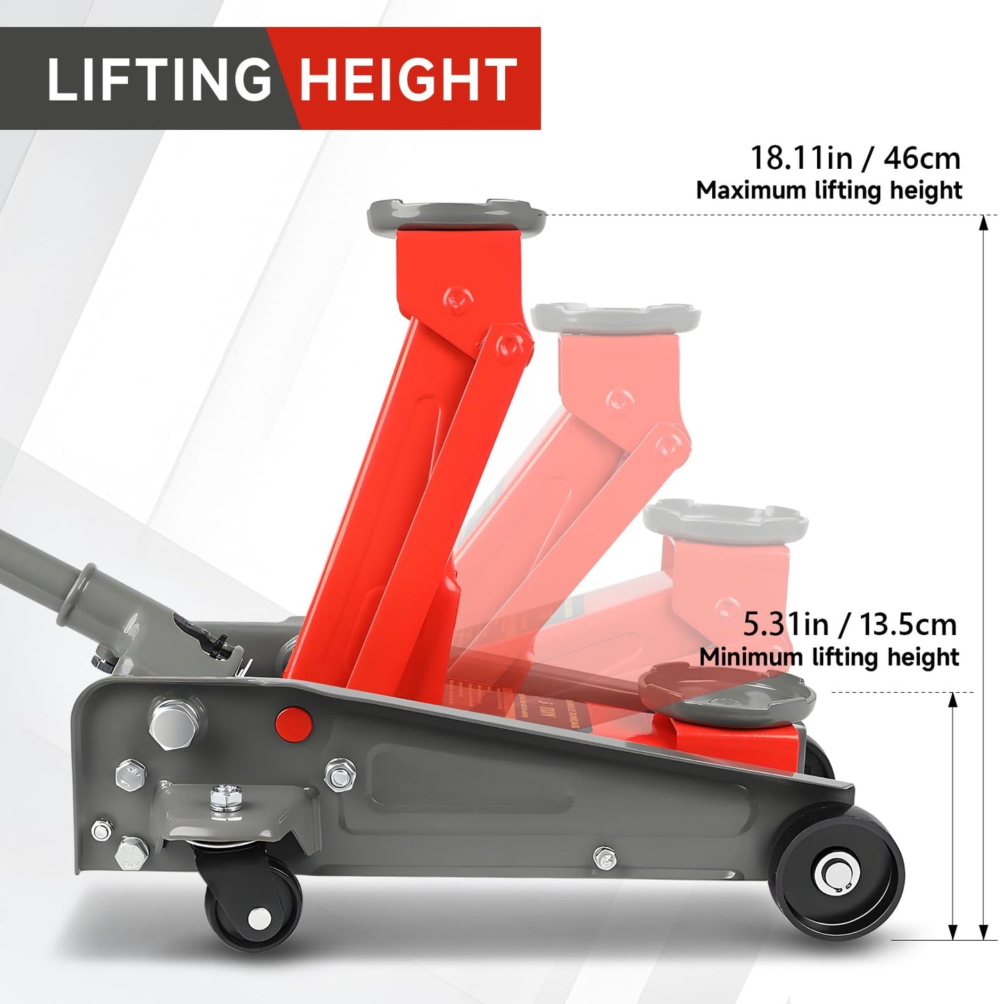 LARBANKE 3 Ton Floor Jack,6600 LBS Heavy Duty Hydraulic Floor Jack with Wheels,Lift Range:5.31'' -18.11'',Carbon Steel Material,Suitable for Home,Garage and Repair Shops,Red