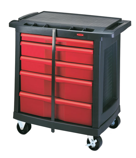 Rubbermaid Commercial Products Mobile Tool Work Center, 5 Drawers, 250 lb. Capacity, Black, for Warehouse/Garage/Cleaning/Maintenance