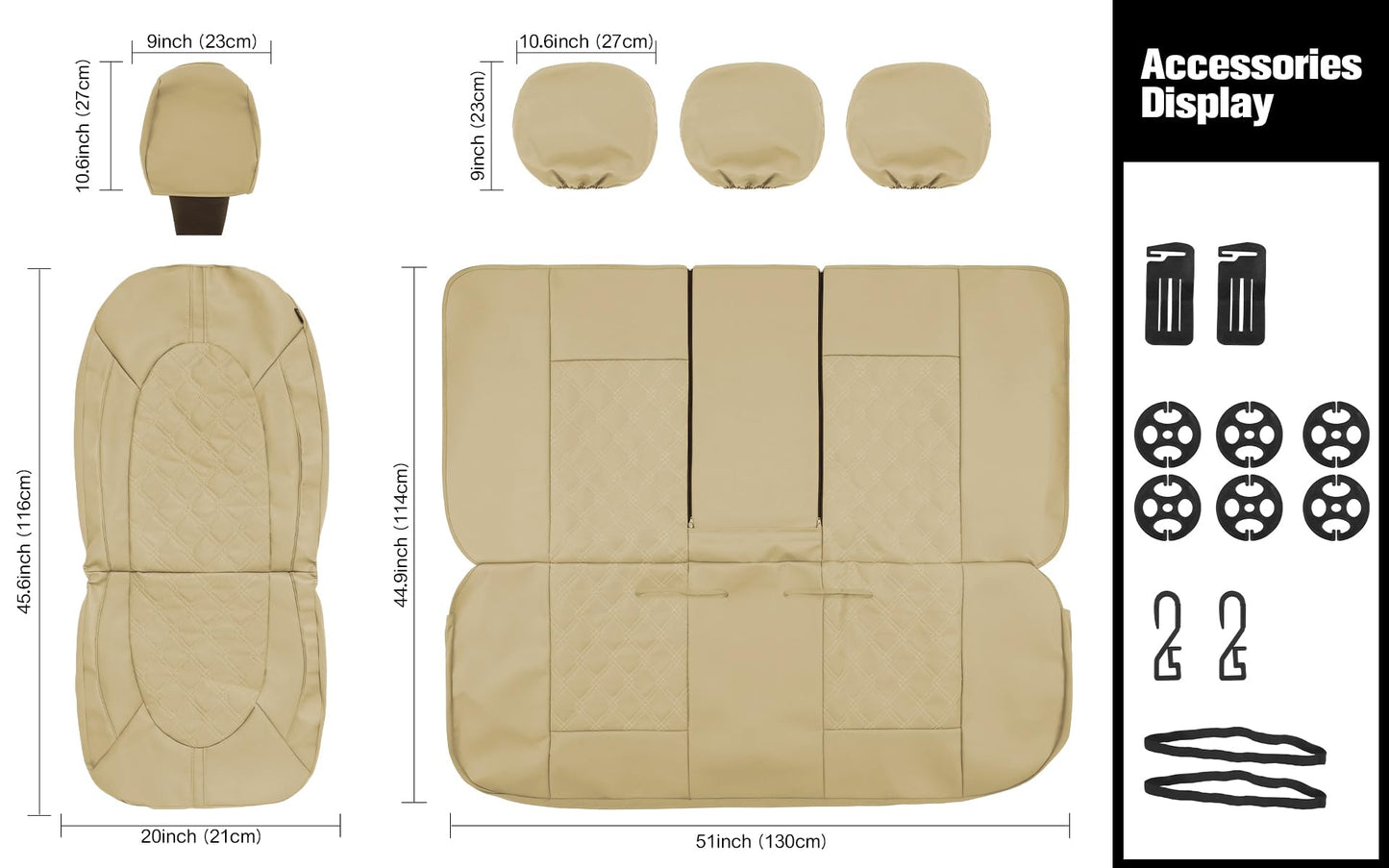 CAROMOP Luxury PU Leather Car Seat Covers Full Set-Waterproof Seat Protectors with Split Bench Seat Covers for Cars-Universal Cars Interior Covers for Sedans, SUVs, Pick-up Trucks(Beige/Beige Line)