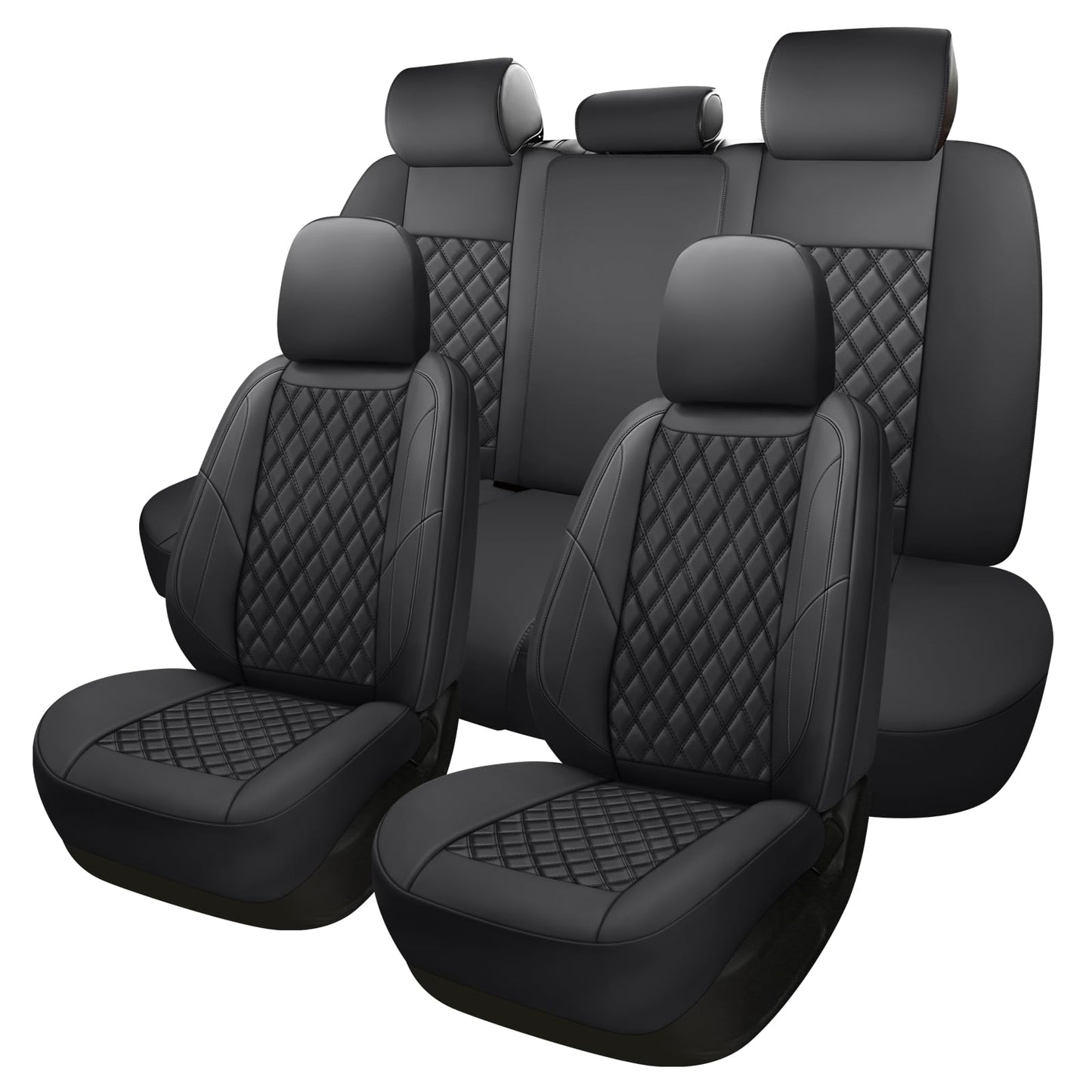 GEEYONTEK Premium Leather Car Seat Covers Full Set,Universal Fit for Cars,Trucks&SUVs,Waterproof Car Seat Cushion,Full Coverage Car Seat Protector with 5 Seats,Black
