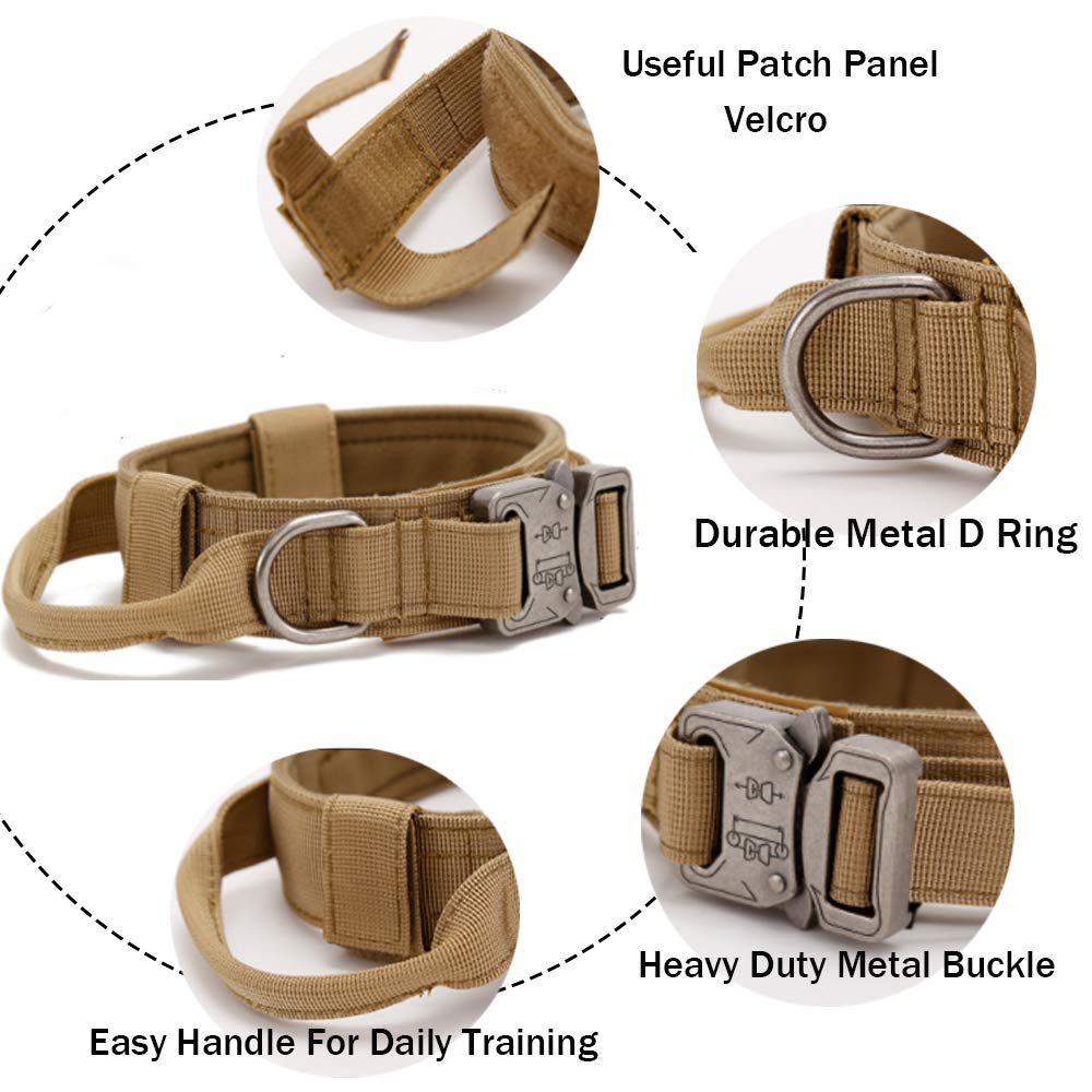 Xqpetlihai Tactical Dog Collar Adjustable Military Nylon Dog Collar with Control Handle and Heavy Duty Metal Buckle for Medium and Large Dogs (Brown,L)