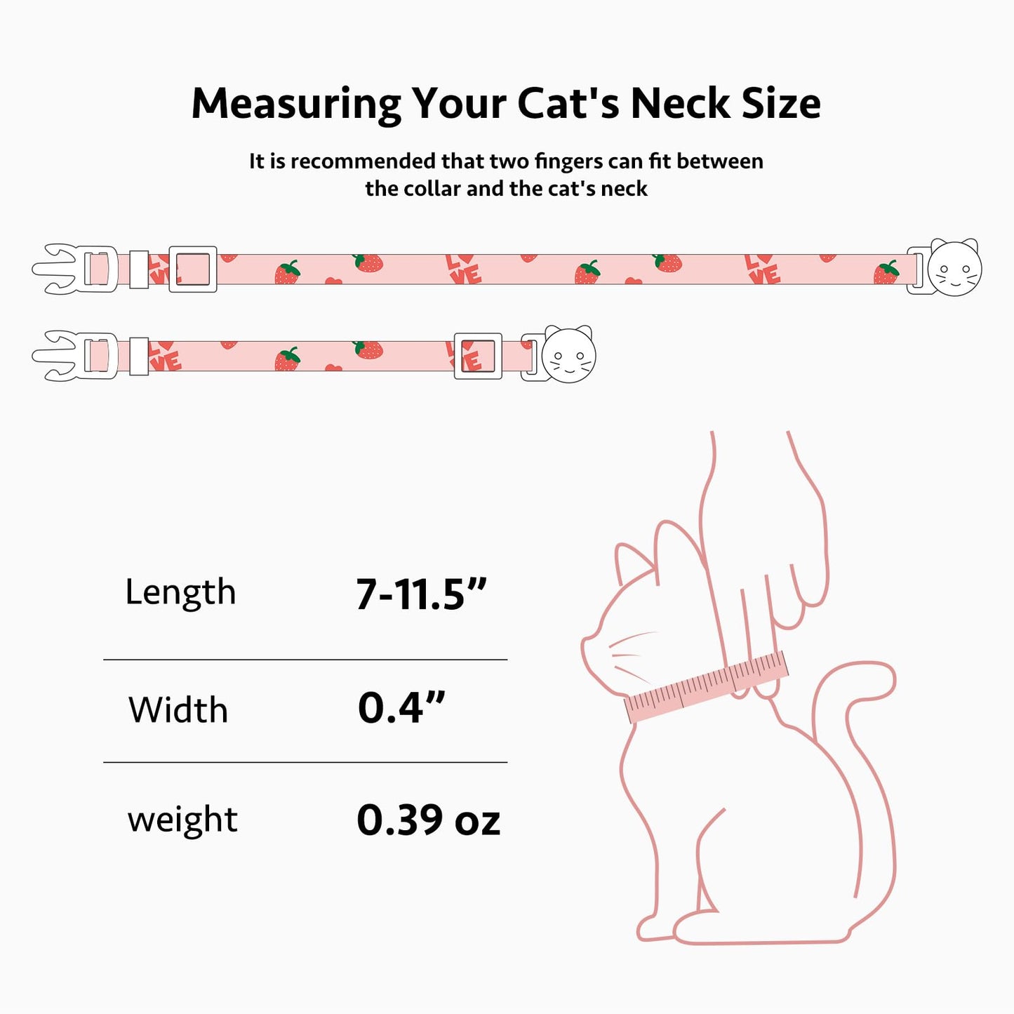 2 Pack Cotton Breakaway Cat Collar Pink Strawberries and White Heart Shaped Pendant Cute Kitten Cat Collar with Bell