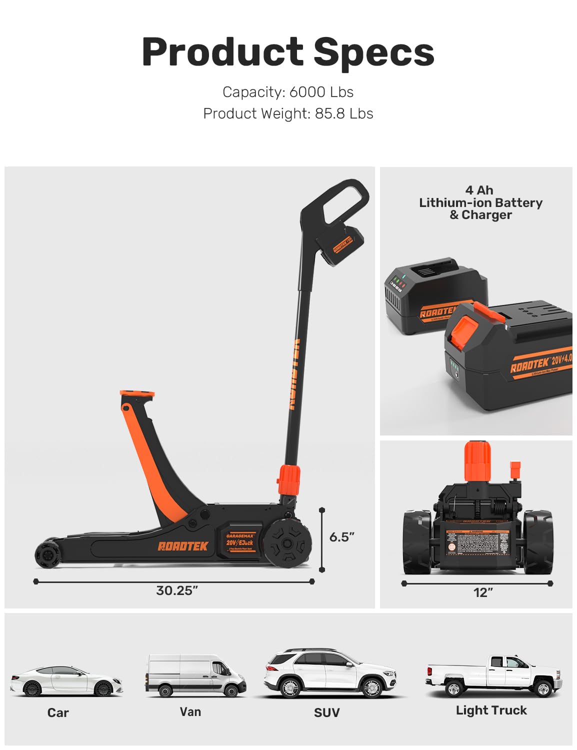 ROADTEK 3 Ton Electric Floor Jack, Low Profile Jack for Quickly Car Lift, Hydraulic Service Jack, 6000 lbs Capacity. Lifting Range 3-3/8" to 20"