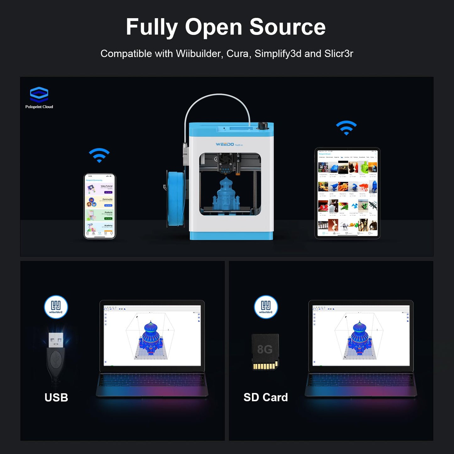 TINA2S 3D Printer for Kids and Beginners, WEEDO Mini 3D Printer with Fully Assembled and Auto Leveling, WiFi & App Control, Open Source Firmware, Filament Detection Sensor Work with PLA/PLA+/TPU