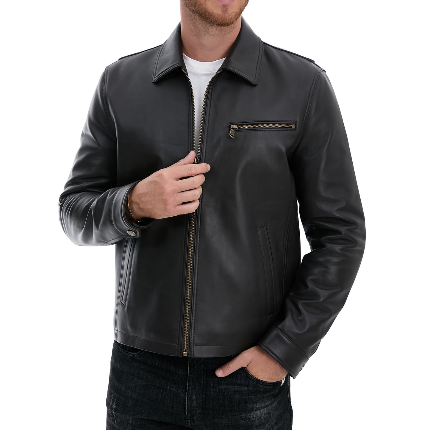 SILVER FASHIONS Leather Jacket Men,Classic Lambskin Jacket with Full Zip Front,Casual Style,Tailored Design,Metal Snap Cuffs (US, Alpha, 3X-Large, Regular, Regular, BROWN)
