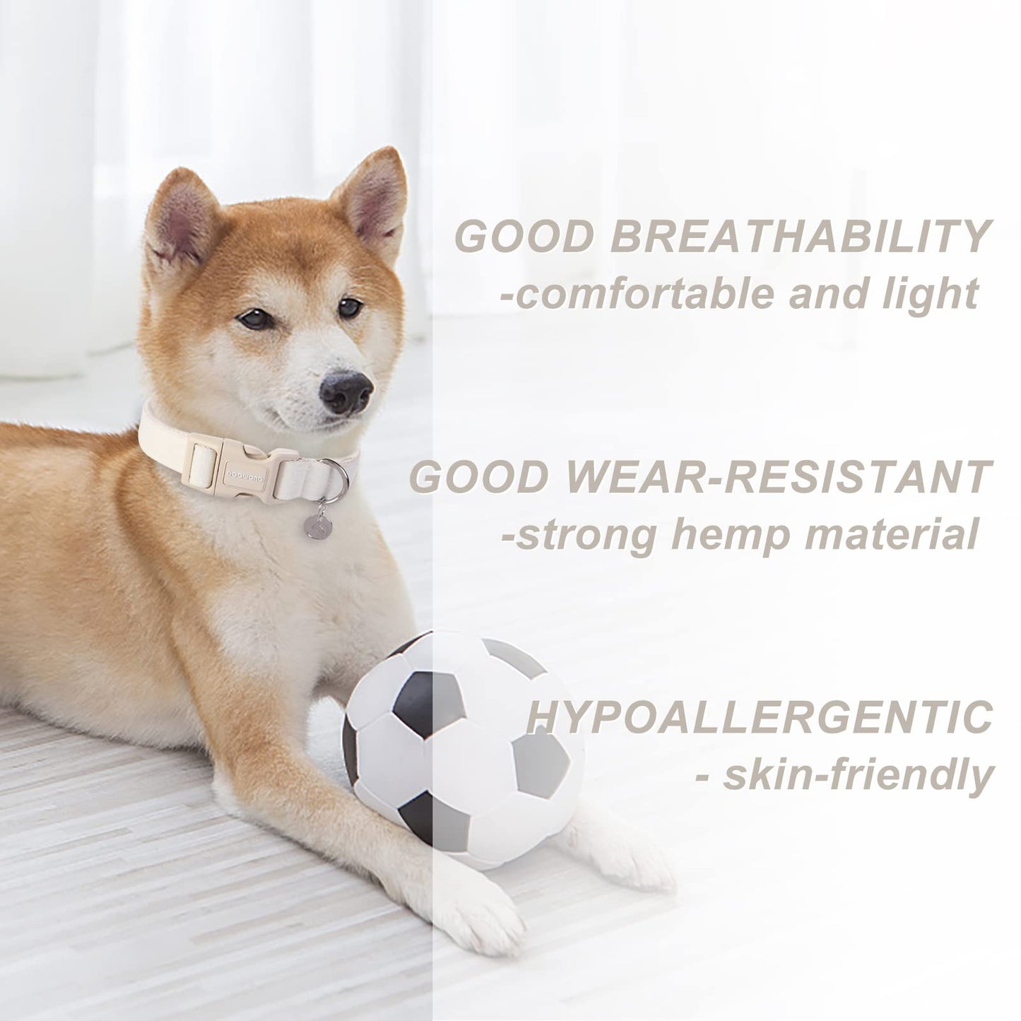 DOGWONG Cotton Hemp Dog Collar, Heavy-Duty Adjustable Soft Natural Fabric Pet Collar - Cute Wedding Puppy Necklace for Small to Large Dogs