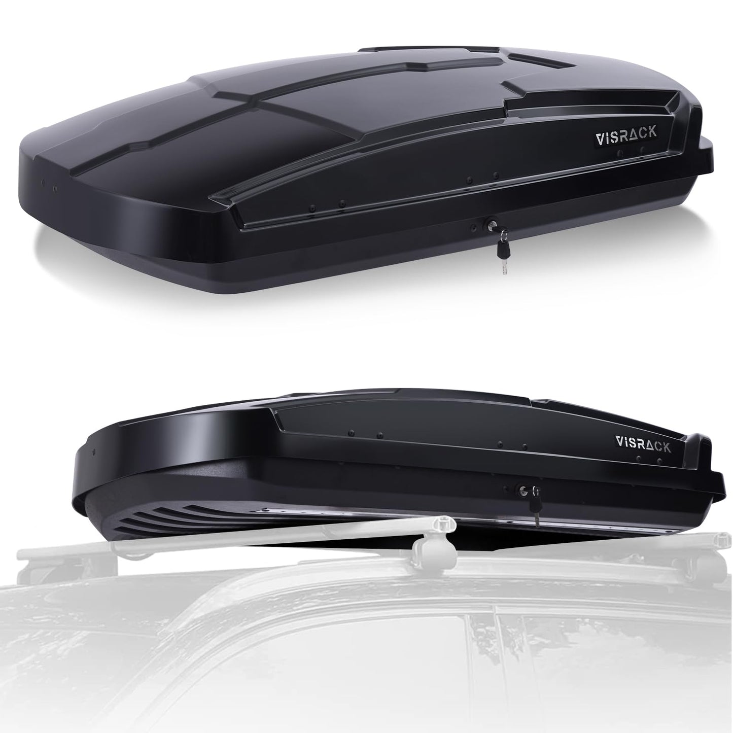 VISRACK Hard Shell Roof Cargo Box Carrier with Security Keys,Heavy Duty Waterproof Rooftop Storage Box,58.3 (L) x35.4 (W) x 13(H) Inches,15.5 Cubic Feet (Tool-Free Install),Dual Side Opening,Black