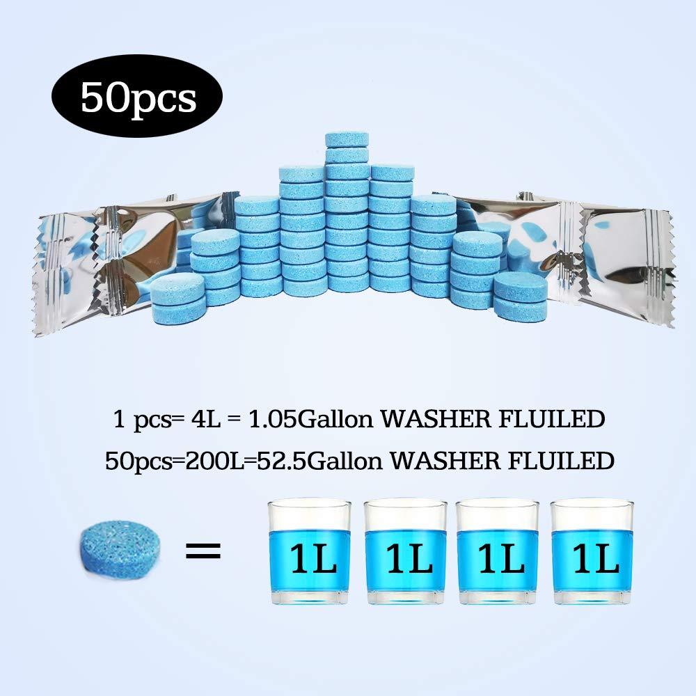 DOKIKO 50Pcs Car Windshield Washer Tablets,Windshield Wiper Fluid,1 Pack Makes 105 Gallons,Efficient Cleaning, Portable(Winter Use With De-icer or Methanol)