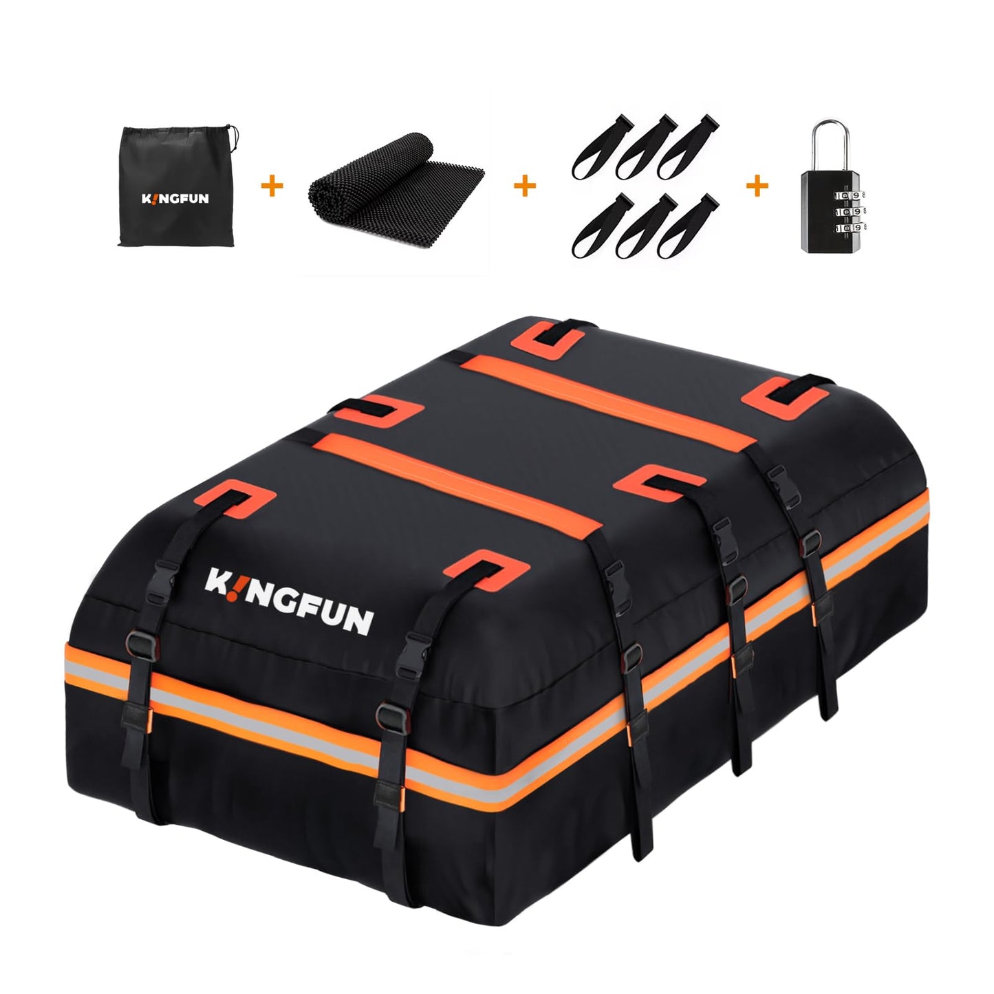 Kingfun Car Rooftop Cargo Carrier – Waterproof 20 Cubic Feet Car Roof Bag Fit All Vehicles with/Without Roof Racks, Includes Anti-Slip Mat, 8 Reinforced Straps & 6 Door Hooks, Luggage Locks