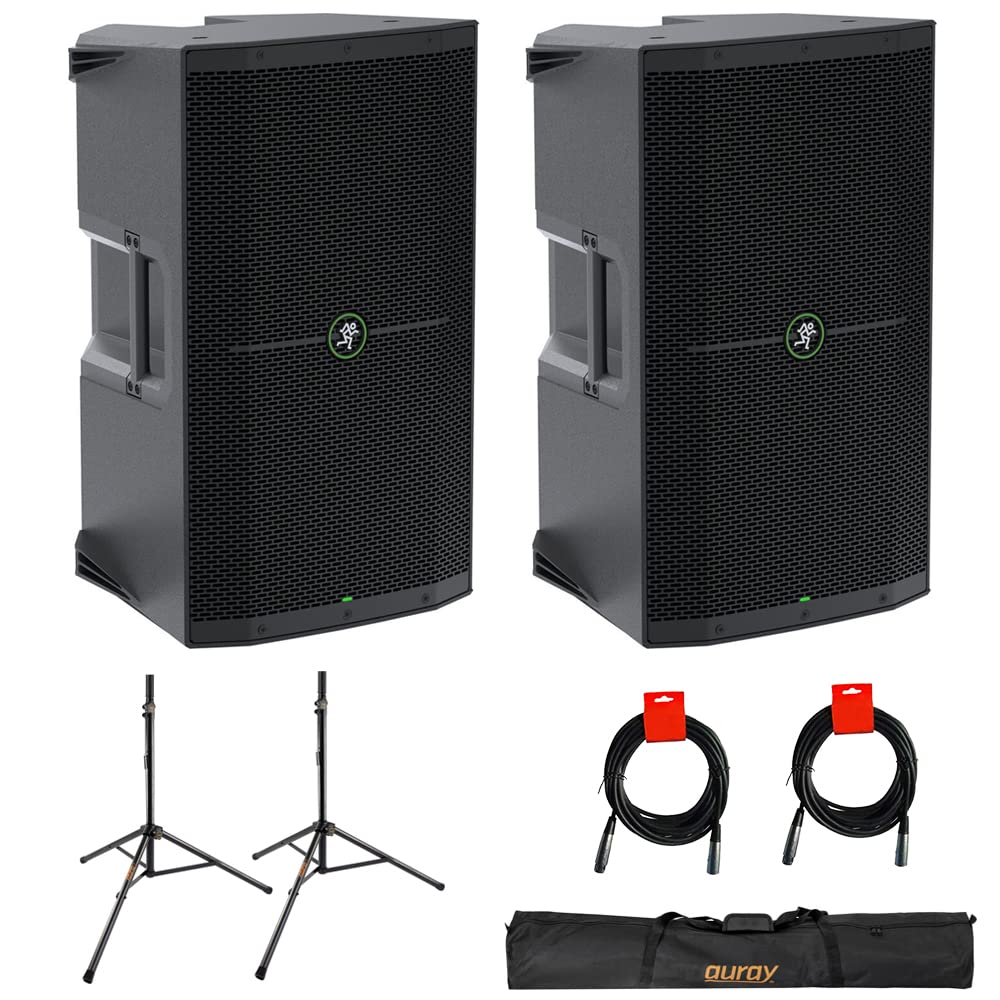 Mackie Thump212 1400W 12" Powered PA Loudspeaker System (Pair) Bundle with Auray SS-47S-PB Steel Speaker Stands, Carrying Case, and 2X 20 XLR-XLR Cable