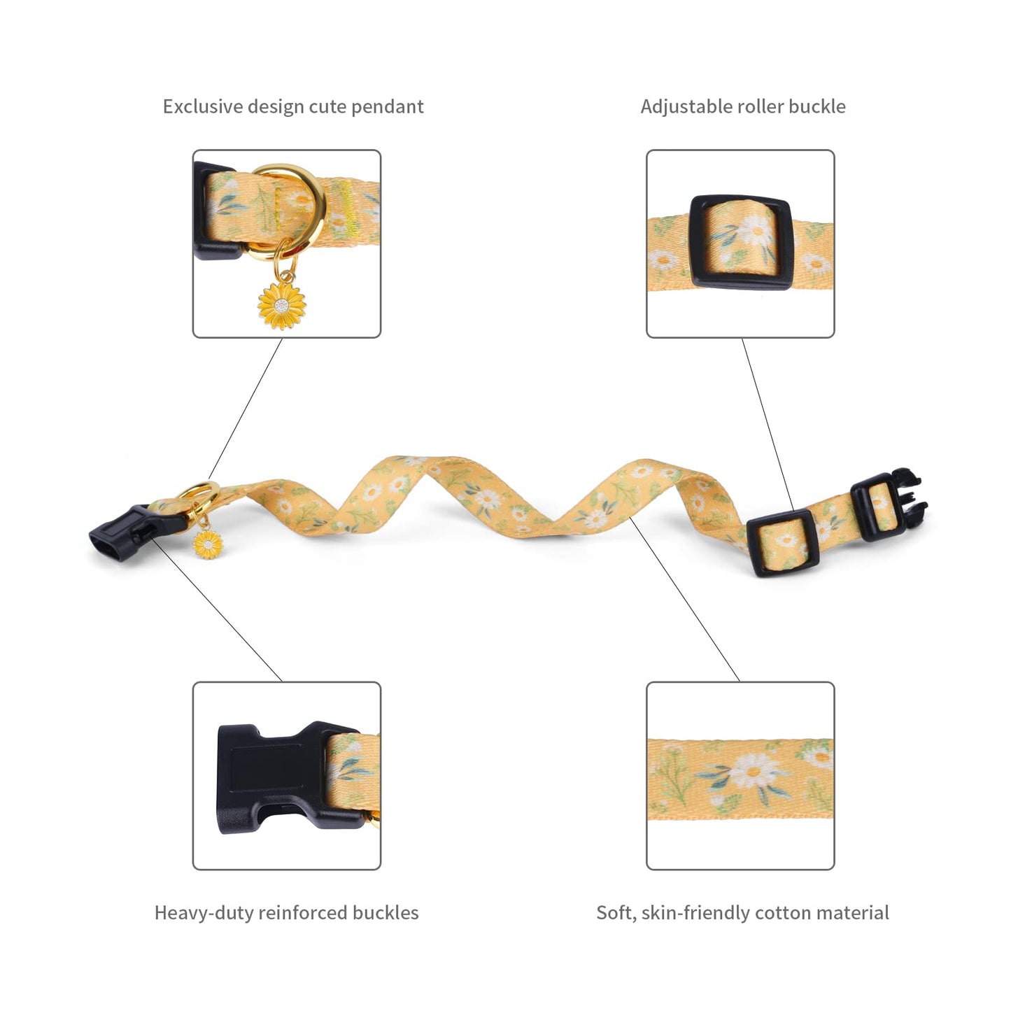 Cotton Handmade Dog Collar for Small Medium Large Dogs,Yellow Daisy with Pendant Cute Dog Collars,Ideal for Girl Dogs Boy Dogs (Medium)