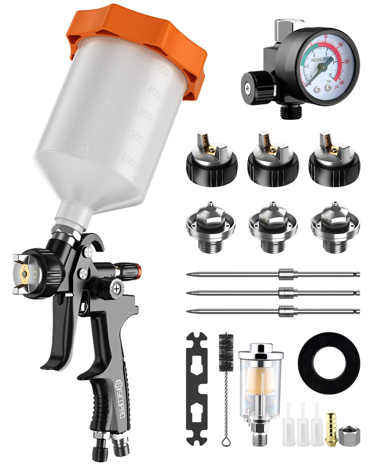 LVLP Air Paint Sprayer Gun for Cars House Painting, Paint Guns Automotive Premium Kit, 1.3/1.5/1.7mm High-Precision Nozzles, Varnish and Top Coat,with Oil-Water Separator, Air Regulator