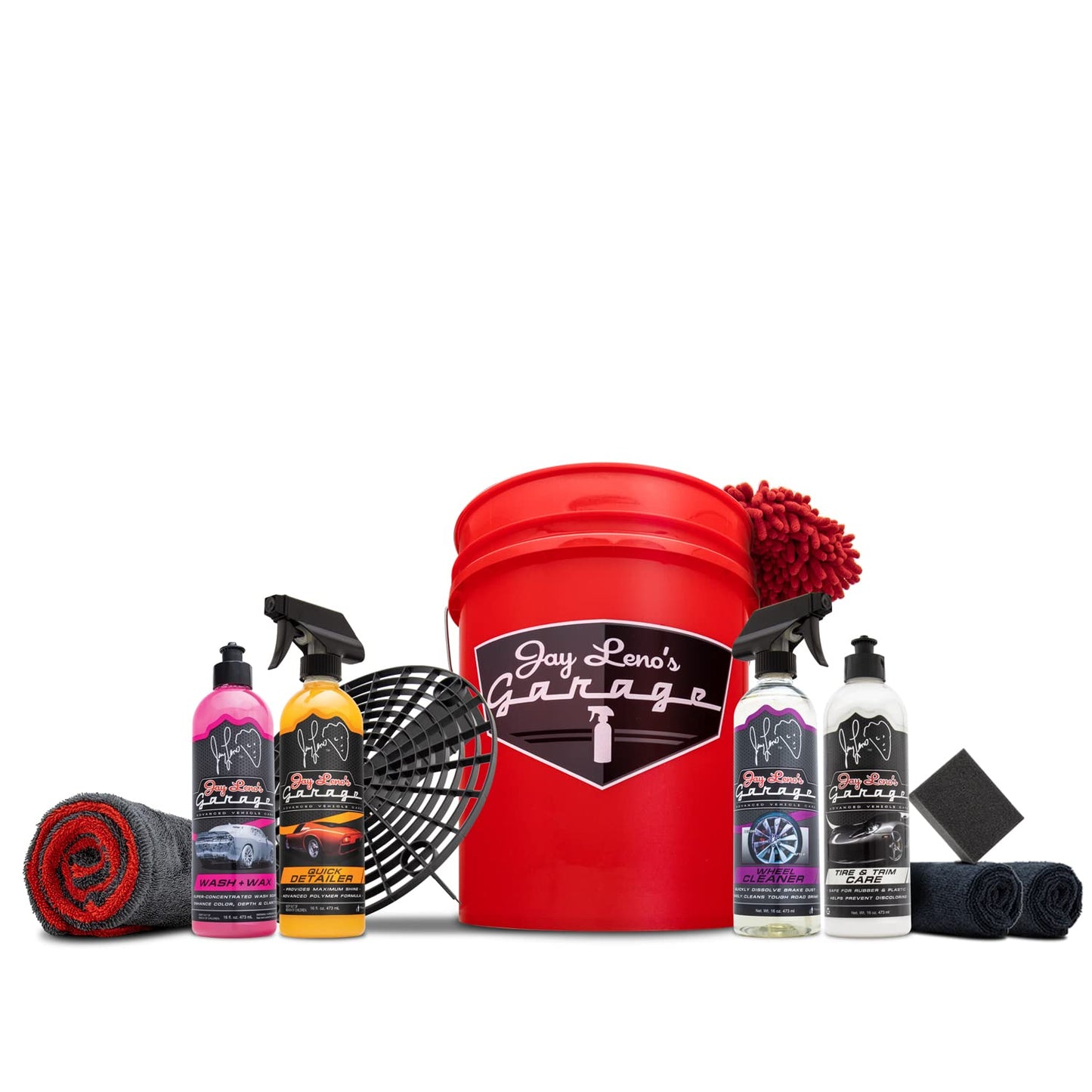 Jay Leno's Garage Car Wash Kit with Bucket – Auto Detailing Kit for Interior and Exterior, Car Cleaning Supplies Set with Wash Mitt, Tire Shine, Wheel Cleaner, Car Wax, Microfiber Towels, Car Wash Kit
