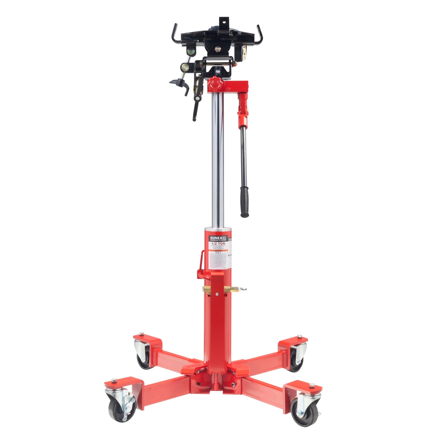 Sunex Tools 7796 1,000 lb Telescopic Transmission Jack, Air/Hydraulic, Foot & Hand Pump, Adjustable Saddle Arms, 73.5 in Max Height