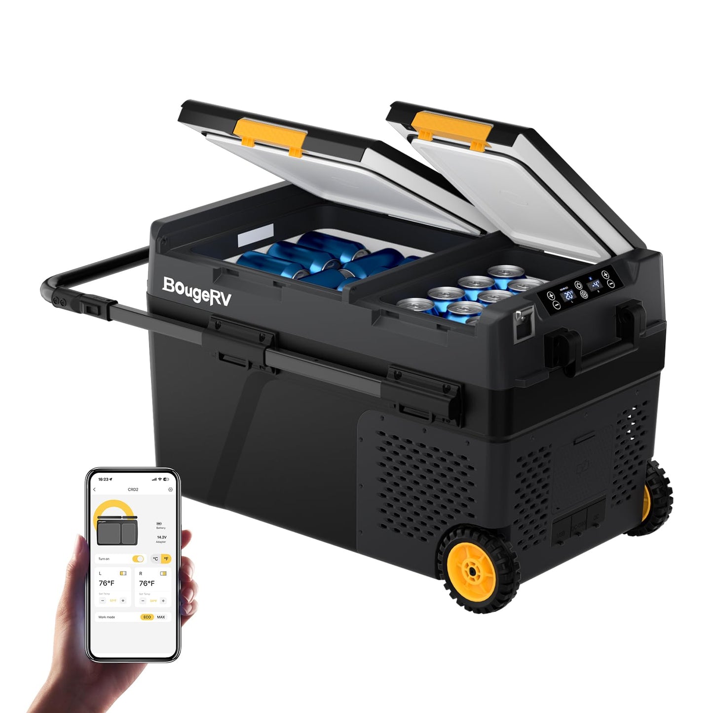 BougeRV 12 Volt Car Refrigerator, CRD2 43 Quart Portable Fridge Freezer with APP Control, -4℉ to 68℉ Dual Zone Compressor Electric Cooler 12/24V DC, 110~240V AC for Overlanding, Camping, RV, Truck