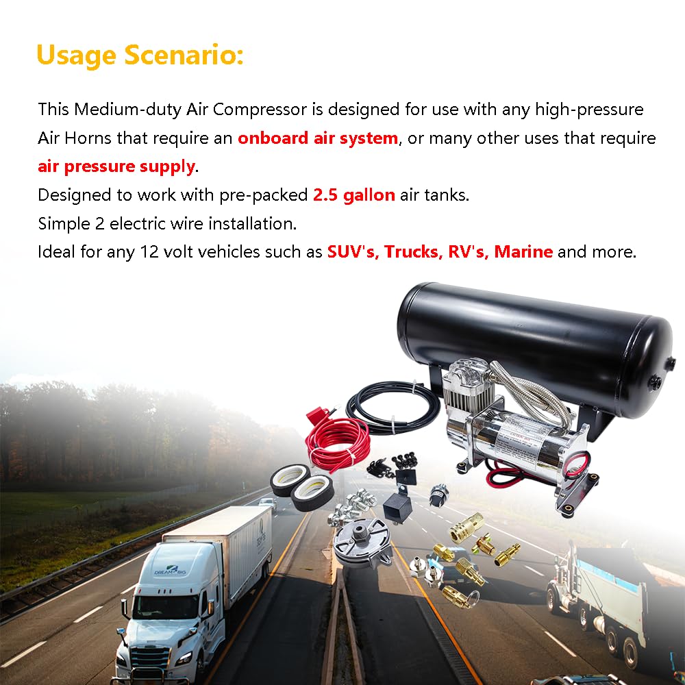 Medium Duty Onboard Air System/Kit 150 PSI Compressor 12V With 2.5 Gallon (9.5 Liter) Train/Air Horn Tank