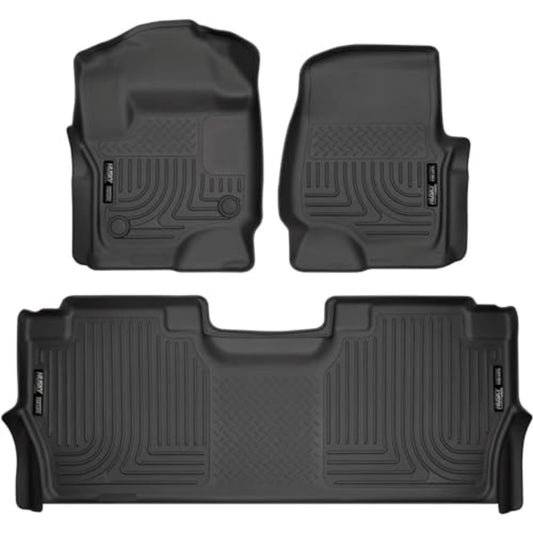 Husky Liners Weatherbeater Floor Mats | Fits 2017-2025 Ford F-250/F-350/F-450 SUPERCREW CAB ONLY with Factory Carpet & with Fold Flat Storage | Front & 2nd Row, 3-pc Black - 94061