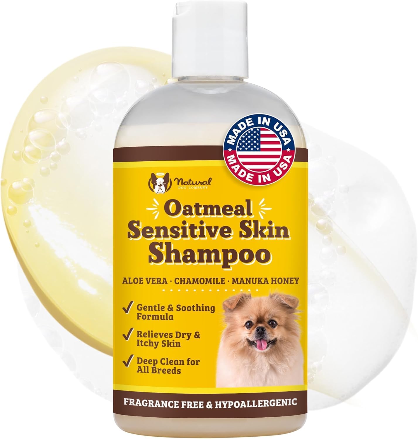 Natural Dog Company Oatmeal Dog Shampoo – Anti-Itch Shampoo for Dogs with Sensitive Skin, Aloe & Oatmeal Formula for Itchy Skin & Dandruff Relief, Safe for Puppies, 12 oz