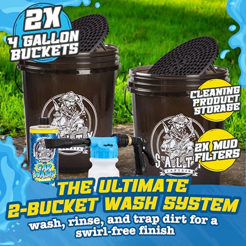 Salty Captain Mega 20-Piece DIY Car Cleaning Kit – All-in-One Car Detailing Kit with 2x Buckets, Towels, Brushes & 6x Cleaning Fluids – Foam Blaster compatible with Garden Hose – Premium Quality