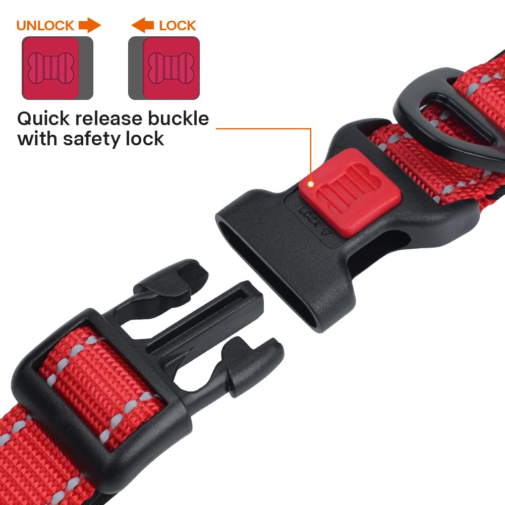 Taglory Reflective Dog Collar with Safety Locking Buckle, Adjustable Nylon Pet Collars for Large Dogs Female Male, Red, L