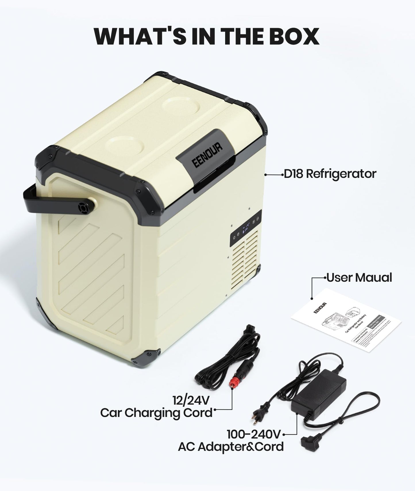 EENOUR D18 12 Volt Car Refrigerator, Portable Freezer 19Qt/18L Battery & Solar Powered Cooler 25W, -4~50℉, 12/24V DC, 110~240V AC, Electric Cooler Ideal for Road Trips, Camping (Battery Not Included)