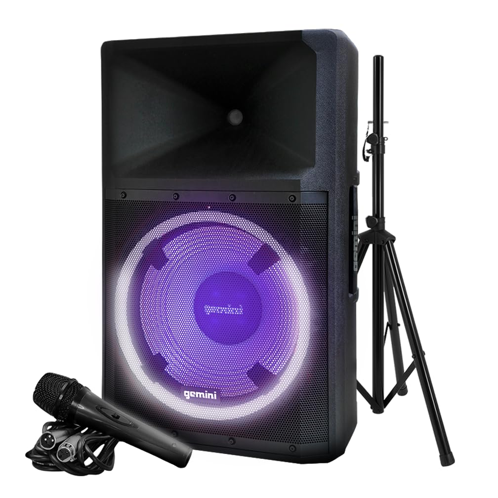Gemini 15” 2200W Bluetooth PA Speaker System – DJ Loudspeaker with Stand, Wired Mic, LED Lights, TWS Stereo Pairing, 3-Channel Mixer, EQ Control – AC Powered (GSP-L2200PK)