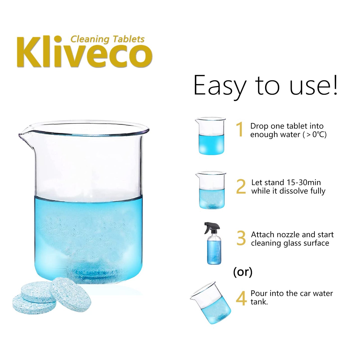 Kliveco 100PCS Car Windshield Washer Fluid Tablets,Windshield Wiper Fluid,1 Pack Makes 105 Gallons,1 Piece Makes 1.05 Gallons(Winter: Use With De-icer or Methanol)