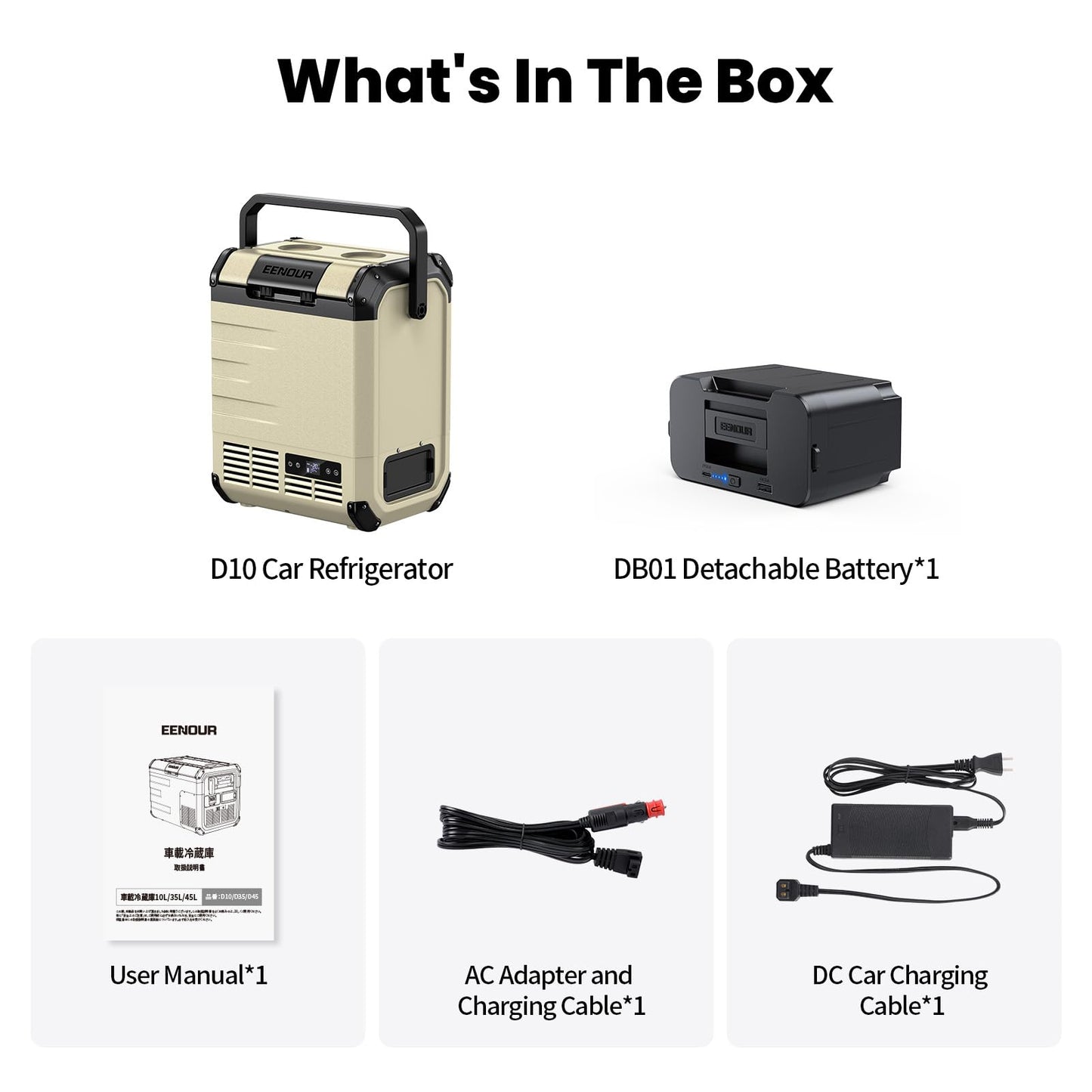 EENOUR D10 12 Volt Car Refrigerator, Portable Freezer 10.6Qt/10L Battery & Solar Powered Cooler 25W, -4~50℉, 12/24V DC, 110~240V AC, Idea for 2 People, Road Trips, Truck, Camping (Battery Included)