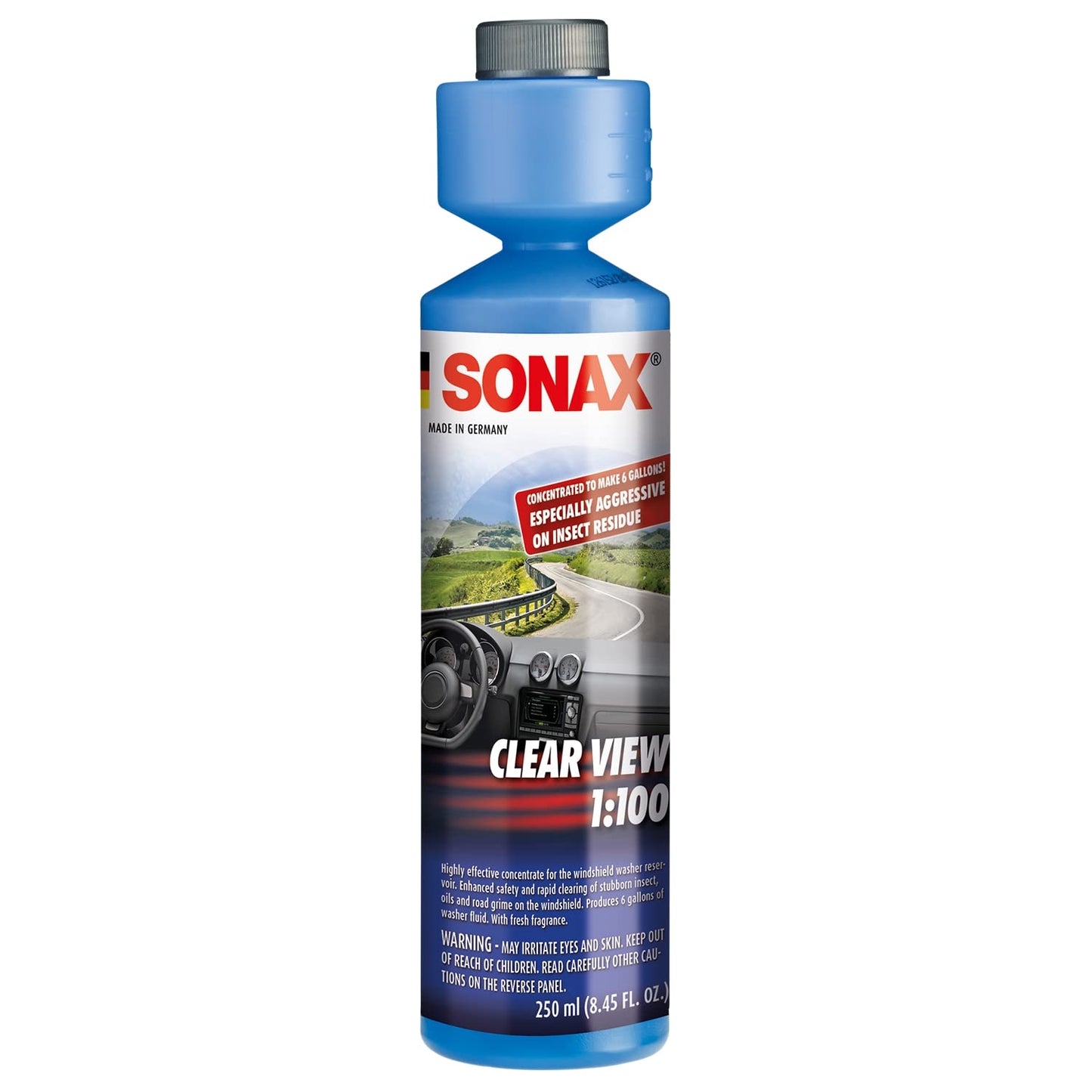 SONAX Clear View Concentrate 271141 | High-Performance Windshield Cleaner Concentrate | Remove Insects, Oil, Road Grime & Film | Streak-Free Phosphate-Free Formula | Makes 6 Gallons of Cleaner | 250ml