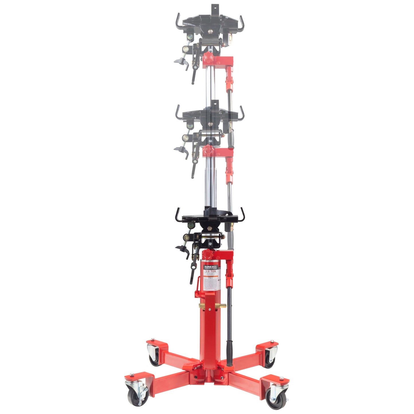 Sunex Tools 7796 1,000 lb Telescopic Transmission Jack, Air/Hydraulic, Foot & Hand Pump, Adjustable Saddle Arms, 73.5 in Max Height