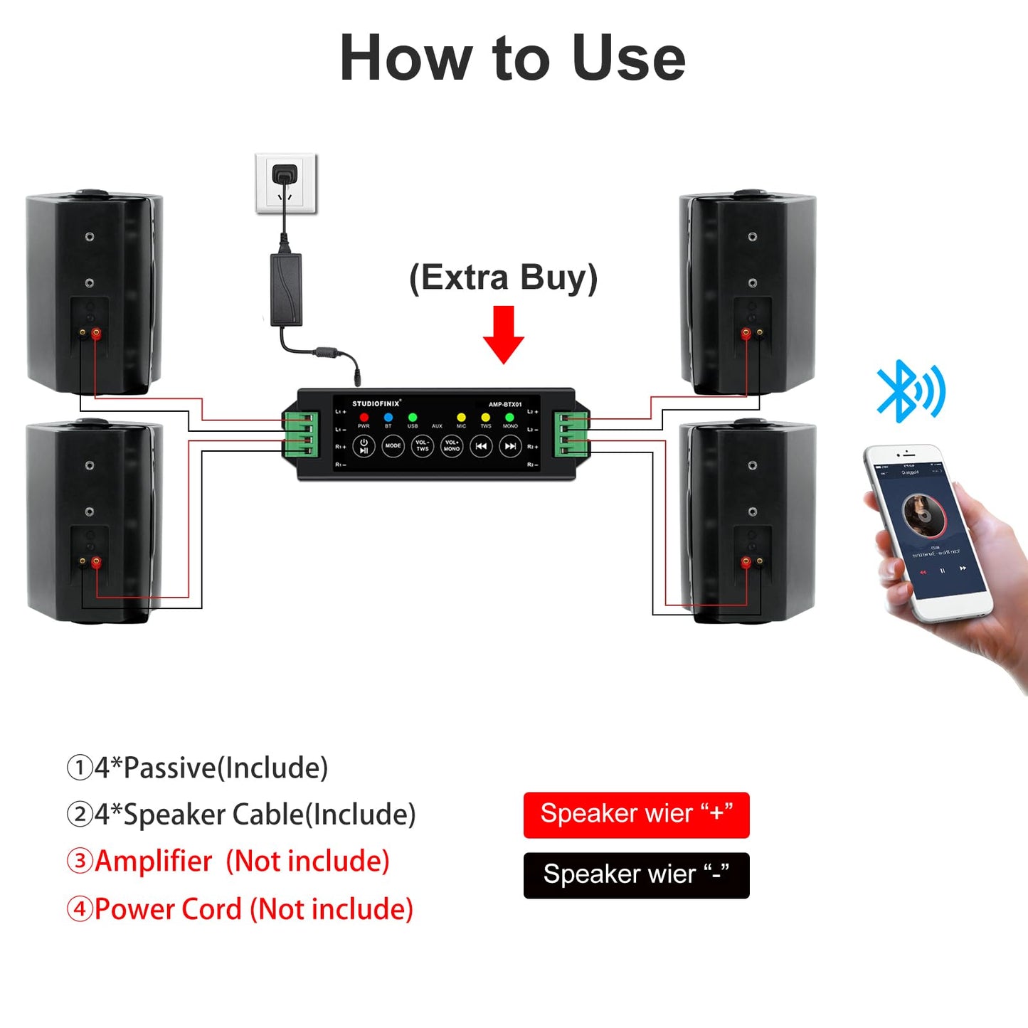 STUDIOFINIX 5.25 Inch 600W Passive Wall Mount Speakers Weather Resistant Indoor Outdoor Speakers for Patio Garage Home,2 Pairs (Black)