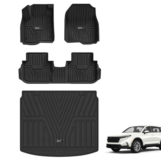 3W Floor Mats & Cargo Liner Fit for Honda CR-V 2023 2024 2025 2026 (Include Hybrid), All Weather TPE Custom Fit Honda CRV Floor Liner 1st, 2nd Row and Trunk (Upper Positon) Full Set Car Mats Black