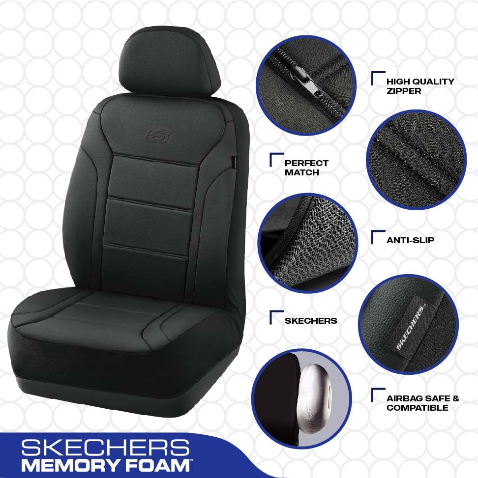Skechers Memory Foam Car Seat Covers, Lycra Fabric Seat Cover, Car Seat Covers Front Seats Airbag Compatible, Automotive Comfort Protection for Most Cars, Trucks, SUVs, Black