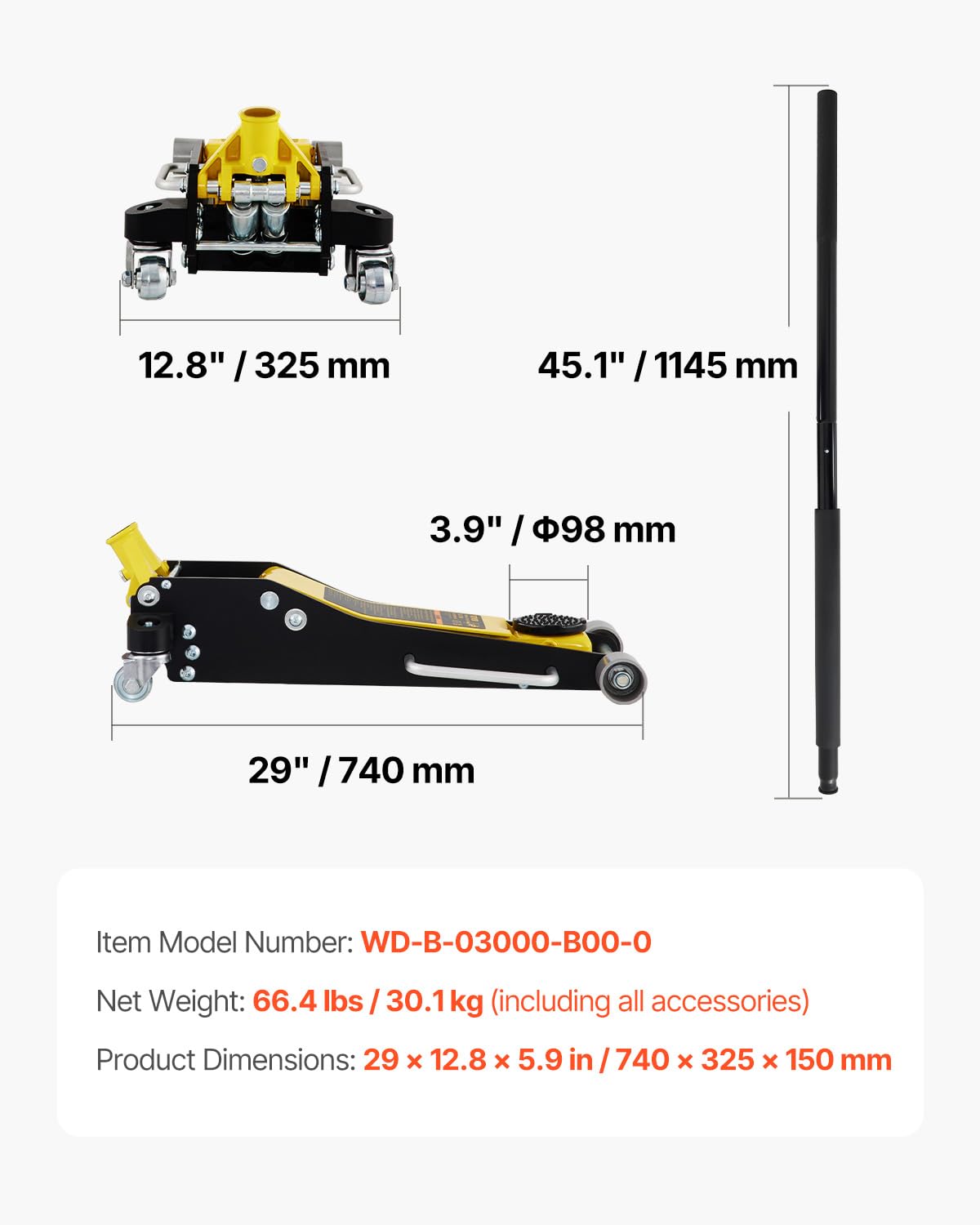 VEVOR 3 Ton Low Profile , Aluminum and Steel Racing Floor Jack with Dual Pistons Quick Lift Pump for Sport Utility Vehicle, Lifting Range 3-6/11"-19-11/16", yellow,black