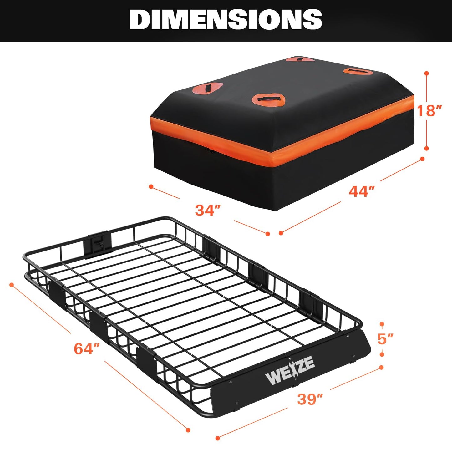 WEIZE Heavy Duty 64"x 39" Roof Rack, Rooftop Cargo Carrier Basket with Waterproof Bag, Tie Down Strap & Net, Car Top Luggage Holder for SUV, 200lb Capacity, Steel Construction