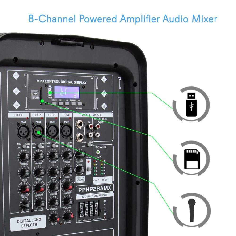 Pyle PA Speaker DJ Mixer Bundle - 300 W Portable Wireless Bluetooth Sound System w/ USB SD XLR 1/4" RCA Inputs - Dual Speaker, Mixer, Microphone, Stand, Cable - Home/Outdoor Party - PPHP28AMX,Black