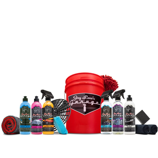 Jay Leno's Garage Car Detailing Kit with Bucket – Essential Car Cleaning Kit, Sprays, Liquids, Microfiber Towels, Applicators and Wash Mitt, All-in-One Car Detailing Kits for Interior & Exterior Care