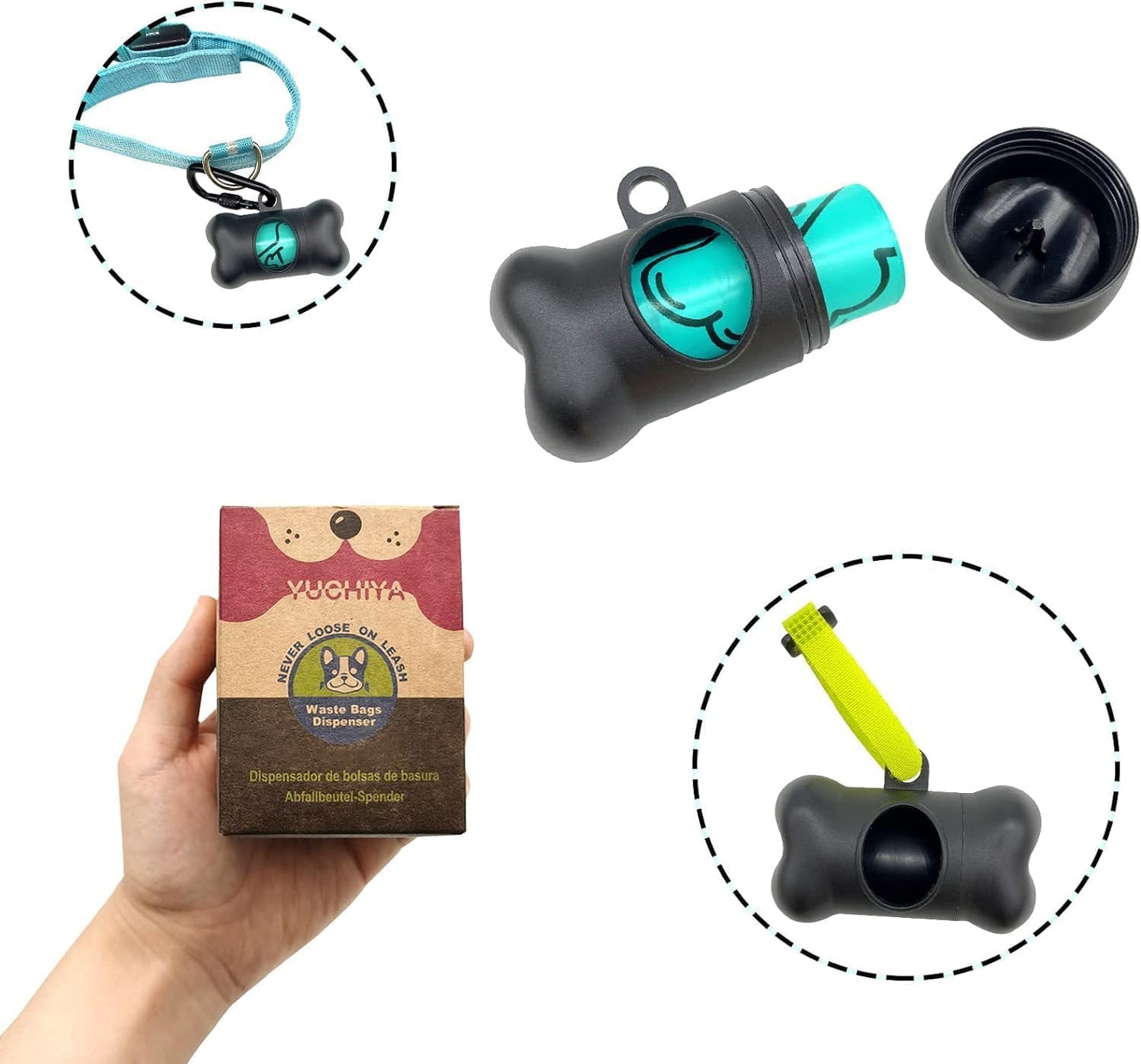 Dog Poop Pickup Bags Holder Dispenser with Standard-Sized Leak-Proof Scented Doggy Waste Bags and Carabiner with Safety Lock&Fastener Never Loose on Leash Lead Again (1 Holder 15 Bags, Black)