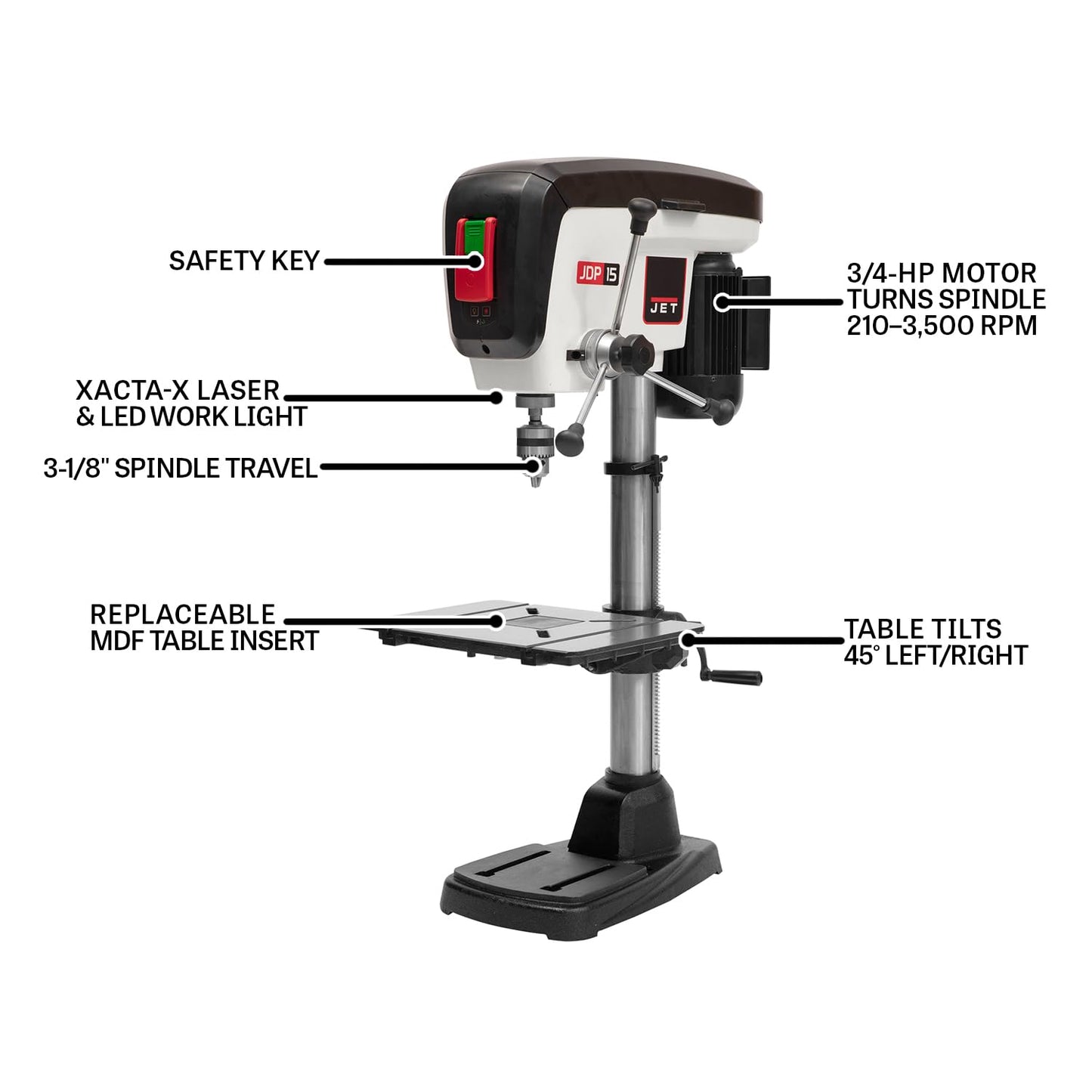 JET 15-Inch Benchtop Drill Press, 16 Speed, 3/4 HP, 115V 1Ph (Model JDP-15B)