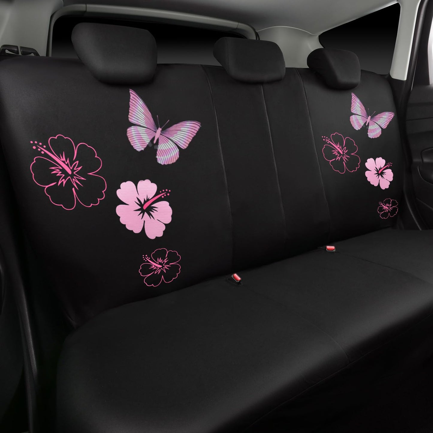 CAR PASS Universal Cloth Butterfly Car Seat Covers Full Set, Embroidered Flower Waterproof Car Floor Mats Carpet, Butterflies Steering Wheel Cover for Car Accessories Interior Sets (Black and Pink)