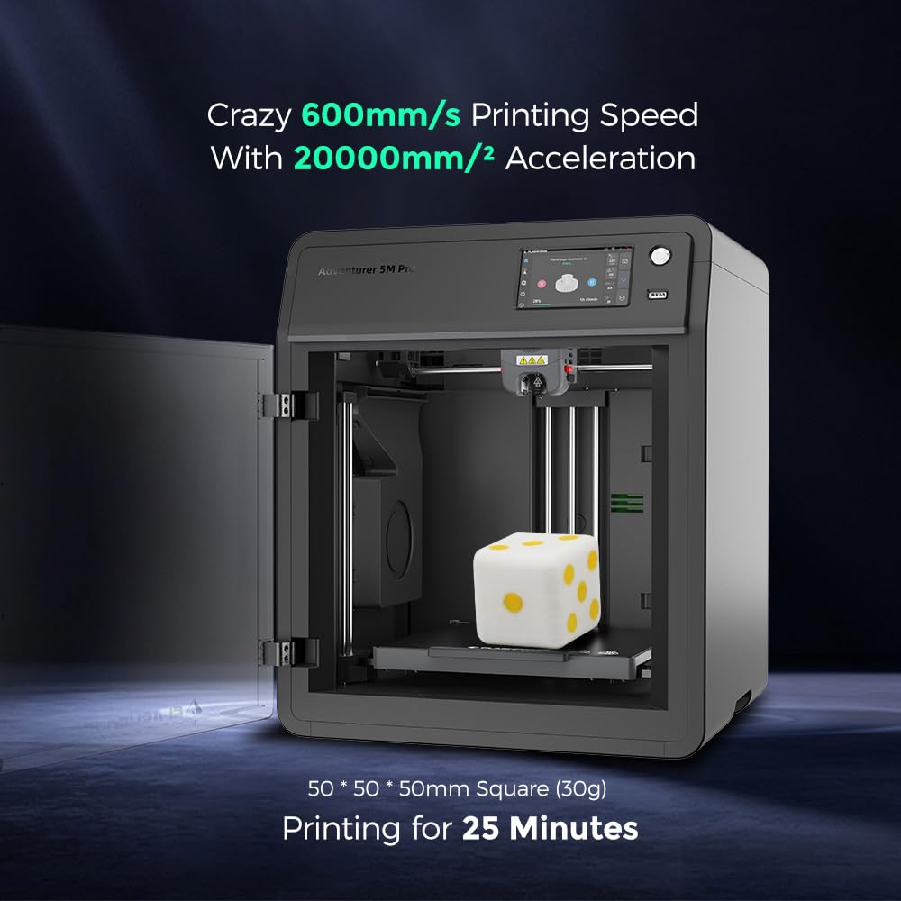 FLASHFORGE Adventurer 5M Pro 3D Pinter, 600mm/s High-Speed with 1 Click Fully Auto Printing Systerm, Quick Detachable 280°C Direct Extruder, Auxiliary Chamber Cooling, Remote Control, 220x220x220mm