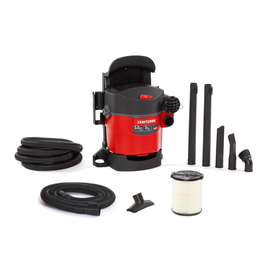 CRAFTSMAN CMXEVBE17925 5 Gallon 5.0 Peak HP Wet Dry Vac, Portable and Wall-Mountable Shop Vacuum with Filter, 2 Hoses and Attachments for Garage and Automotive Cleaning