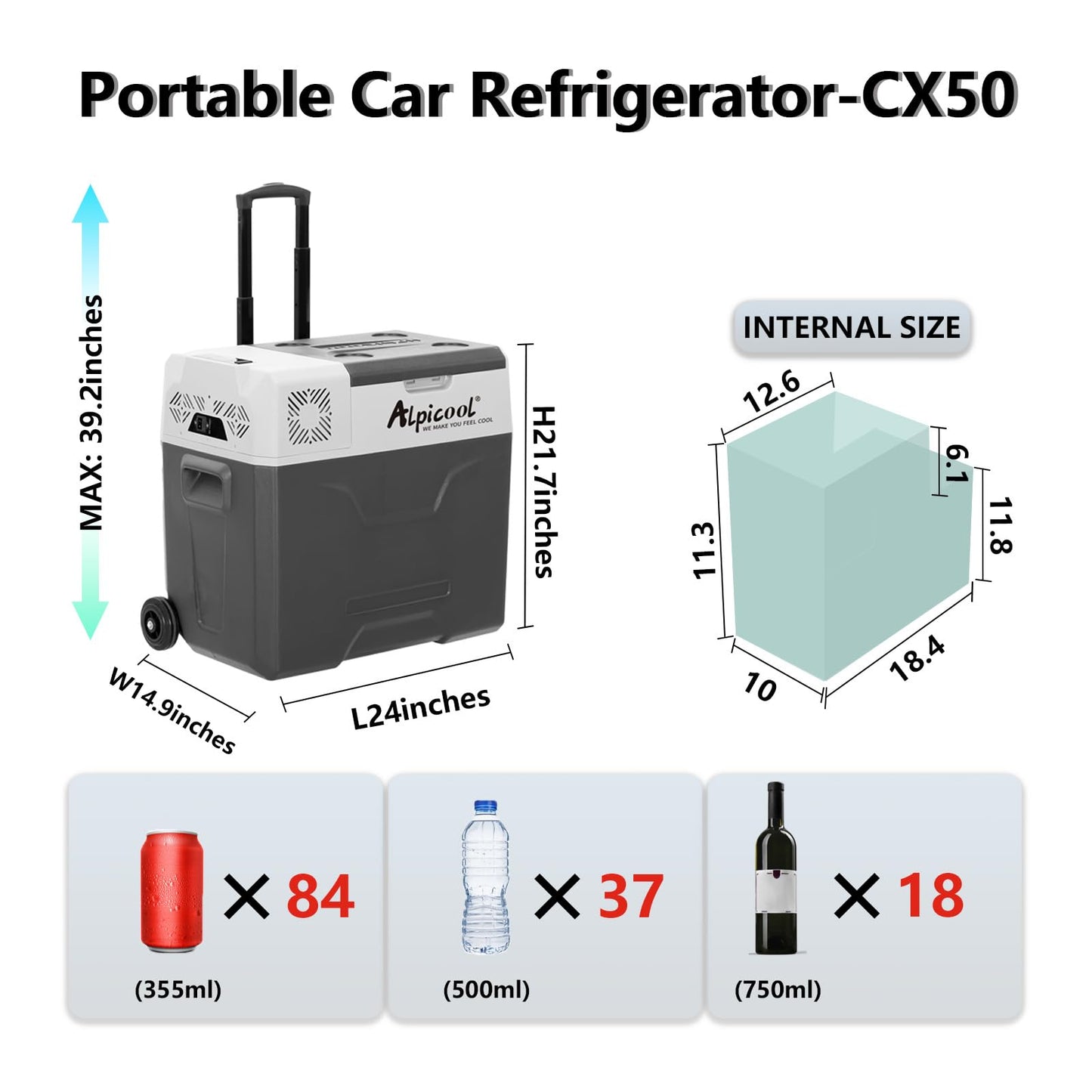 Alpicool CX50 Portable Refrigerator 50 Quart(47.3 Liter) with Trolley Vehicle, Car, Truck, RV, Boat, Mini Fridge Freezer for Driving, Travel, Fishing, Outdoor-12/24V DC