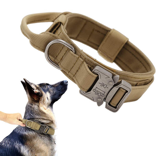 Xqpetlihai Tactical Dog Collar Adjustable Military Nylon Dog Collar with Control Handle and Heavy Duty Metal Buckle for Medium and Large Dogs (Brown,L)