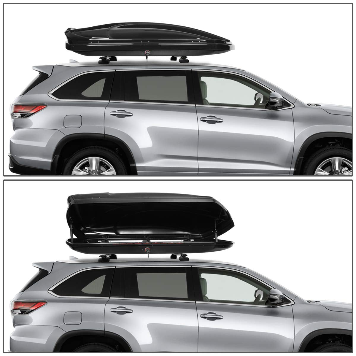 DNA MOTORING Rooftop Cargo Box Carrier + Adjustable Aluminum Roof Rail Cross Bars, Lockable Waterproof Hard Shell Top Mount Carrier with Lock & Keys, Universal Fit, Black, PT-ZTL-8139-BK