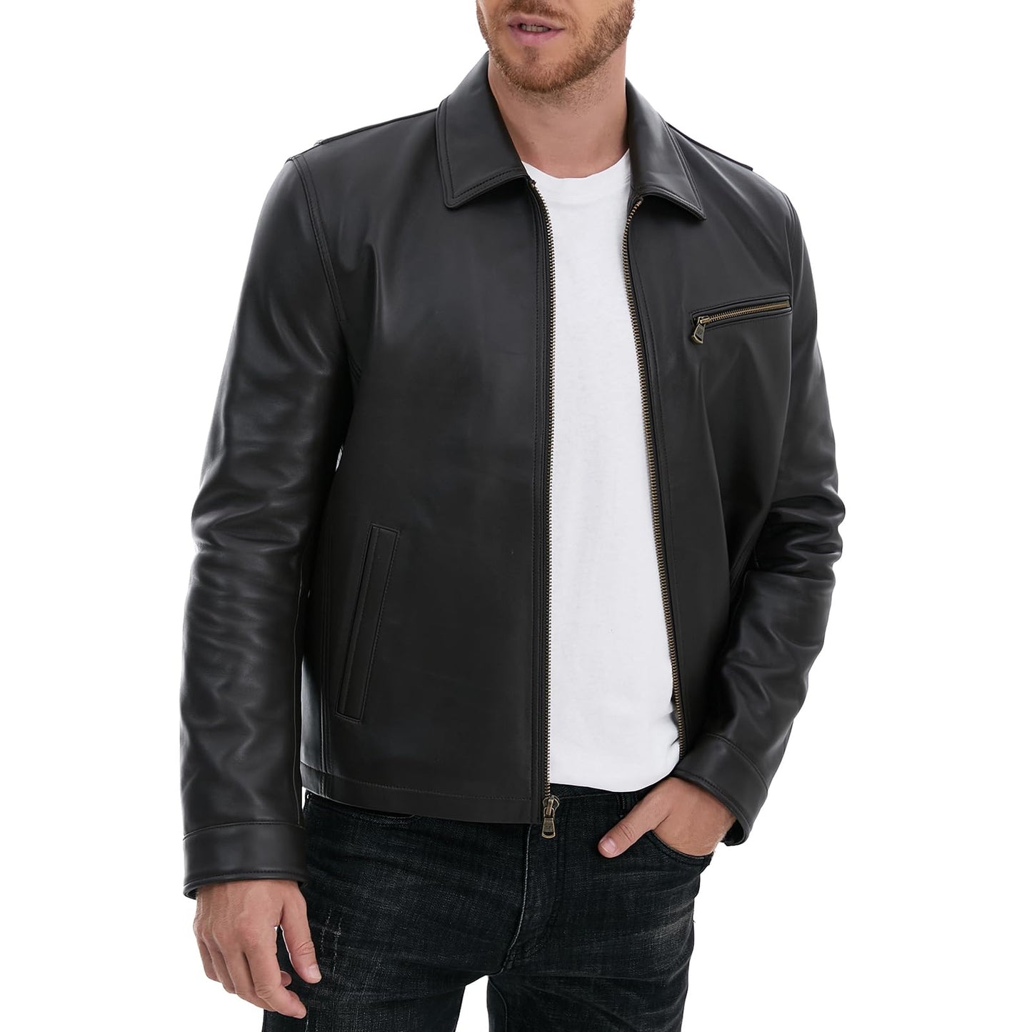 SILVER FASHIONS Leather Jacket Men,Classic Lambskin Jacket with Full Zip Front,Casual Style,Tailored Design,Metal Snap Cuffs (US, Alpha, 3X-Large, Regular, Regular, BROWN)