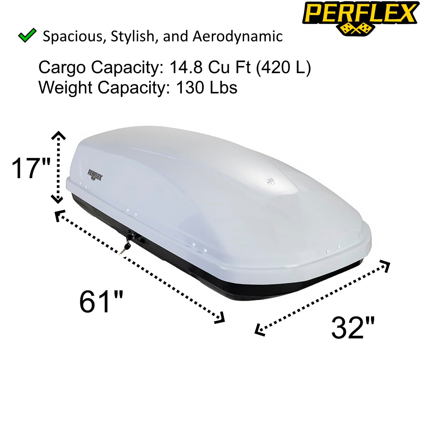 Perflex Journey Roof Cargo Box Carrier 14.8 Cubic Feet Car Top Mount Travel Luggage Storage, Passenger Side Opening, 130 Lbs Weight Capacity, Keys, Strap (White)