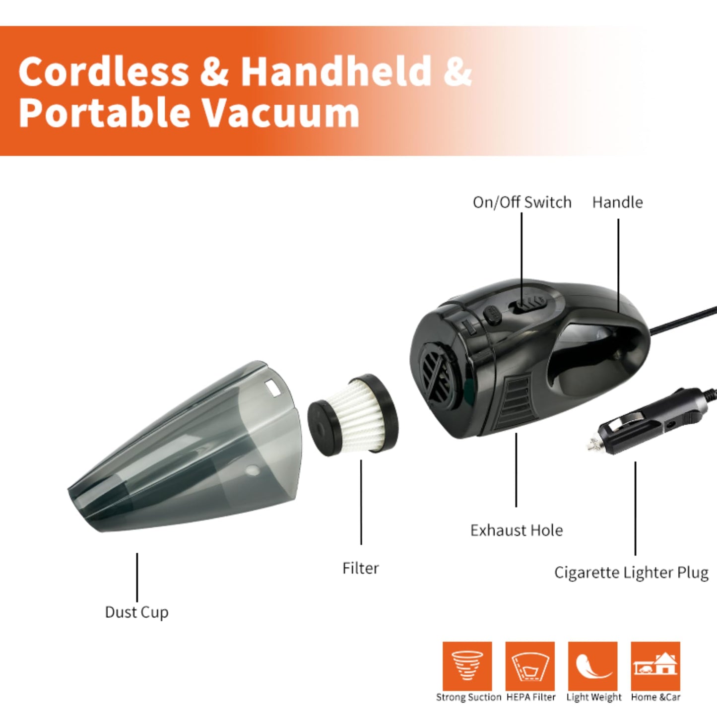 Portable Handheld Car Vacuum Cleaner – High Power DC 12V, Lightweight Mini Vacuum with 16ft Cord & Multi Attachments, Small Dust Buster for Car and Home Cleaning